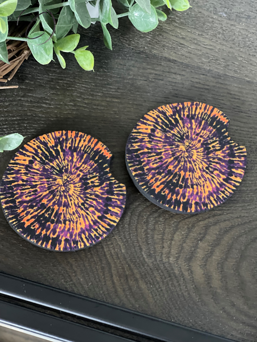 Purple & Orange Tie Dye Neoprene Car Coaster Set