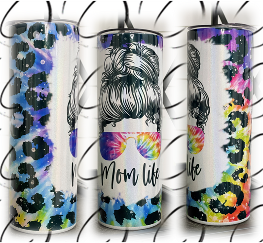 Rainbow Leopard Mom Life 20oz Shimmer Skinny Tumbler