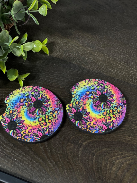 Rainbow Leopard Sunflower Car Coaster Set