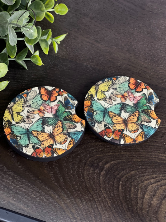 Retro Butterflies Car Coaster Set