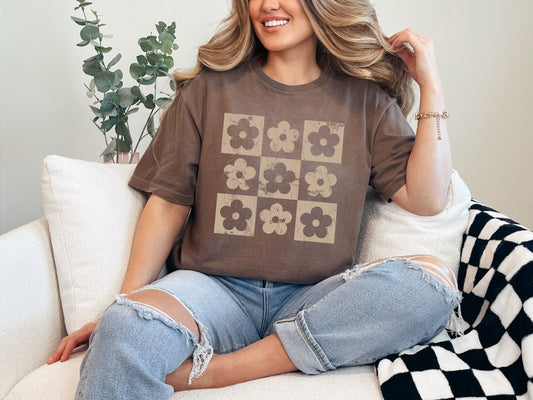 Retro Checkered Daisies Graphic Tee