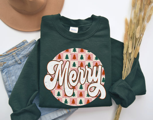 Retro Checkered Tree Merry Sweatshirt