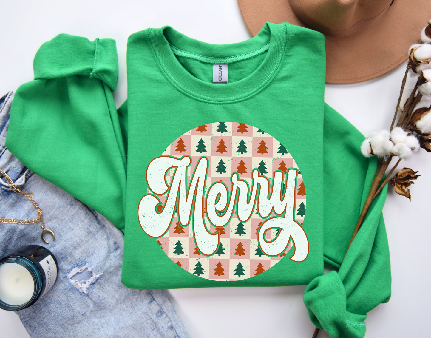 Retro Checkered Tree Merry Sweatshirt