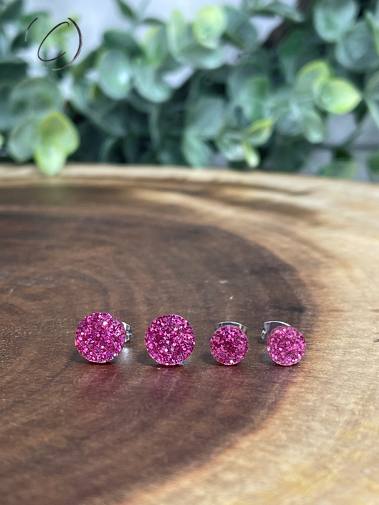 Round Pink Glitter Stud Earrings