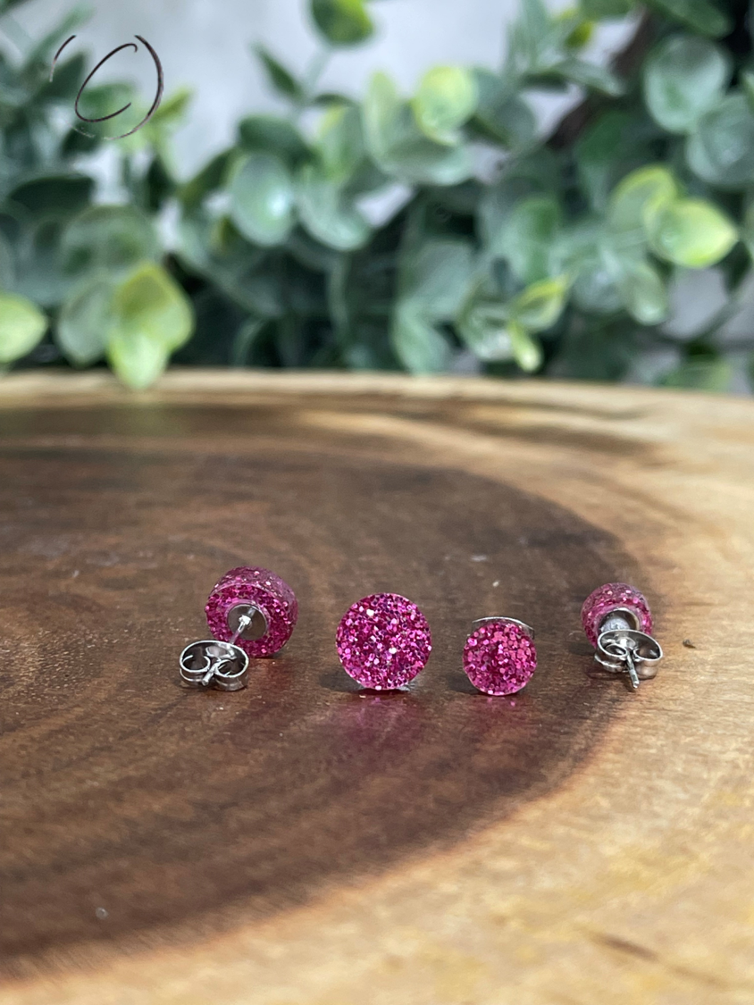 Round Pink Glitter Stud Earrings