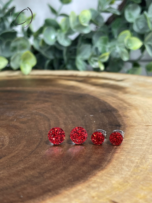 Round Red Glitter Stud Earrings