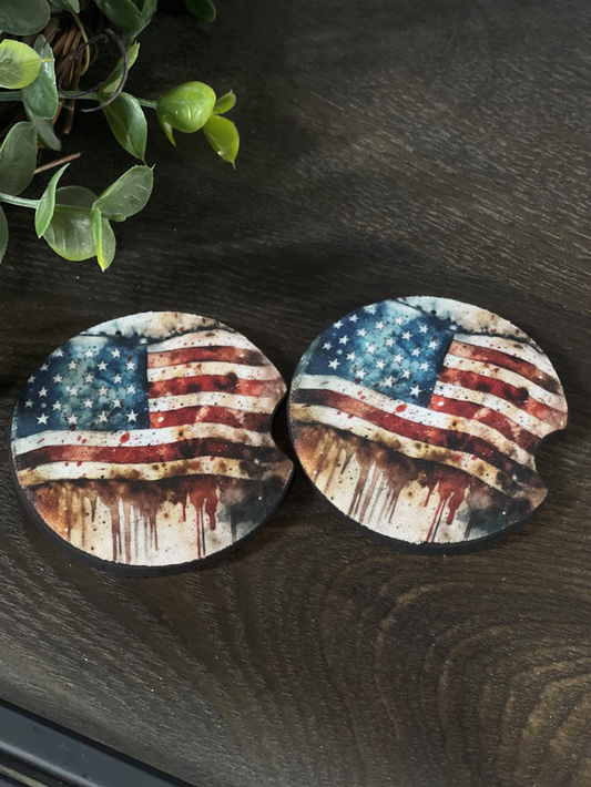 Rustic American Flag Car Coaster Set