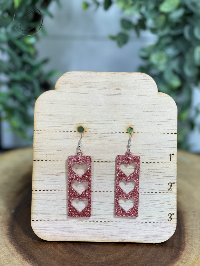 Stacked Hearts Rose Gold Glitter Dangle Earrings