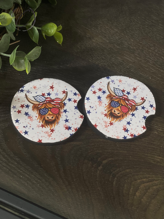 Stars & Stripes Highland Cow Car Coaster Set