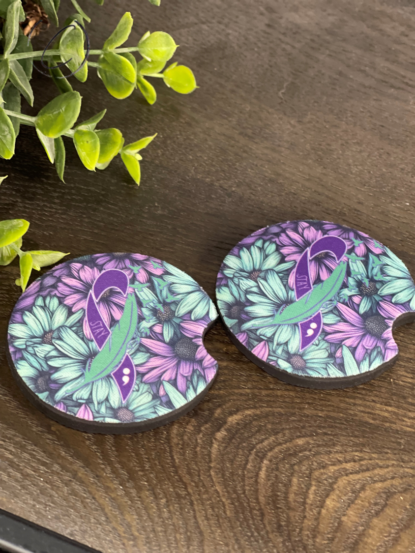 Stay, Turquoise & Purple Daisy Car Coaster Set