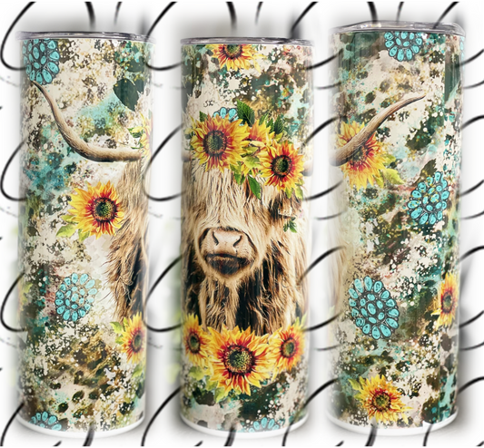 Sunflower Highland Cow 20oz Skinny Tumbler