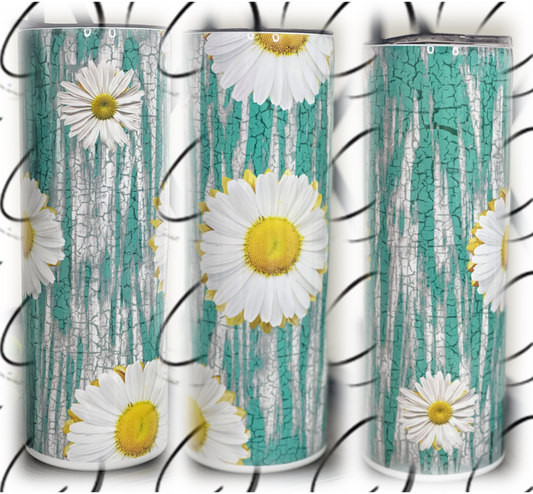 Teal Crackle Daisies 20oz Skinny Tumbler