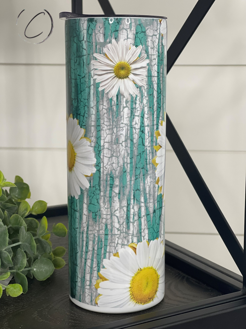 Teal Crackle Daisies 20oz Skinny Tumbler