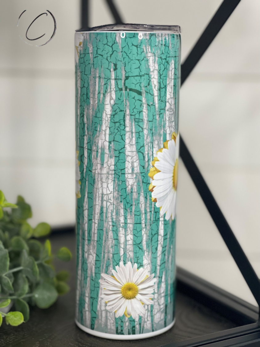 Teal Crackle Daisies 20oz Skinny Tumbler