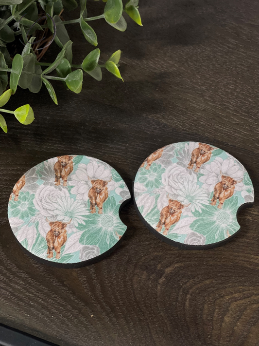 Teal Floral Highland Cow Car Coaster Set