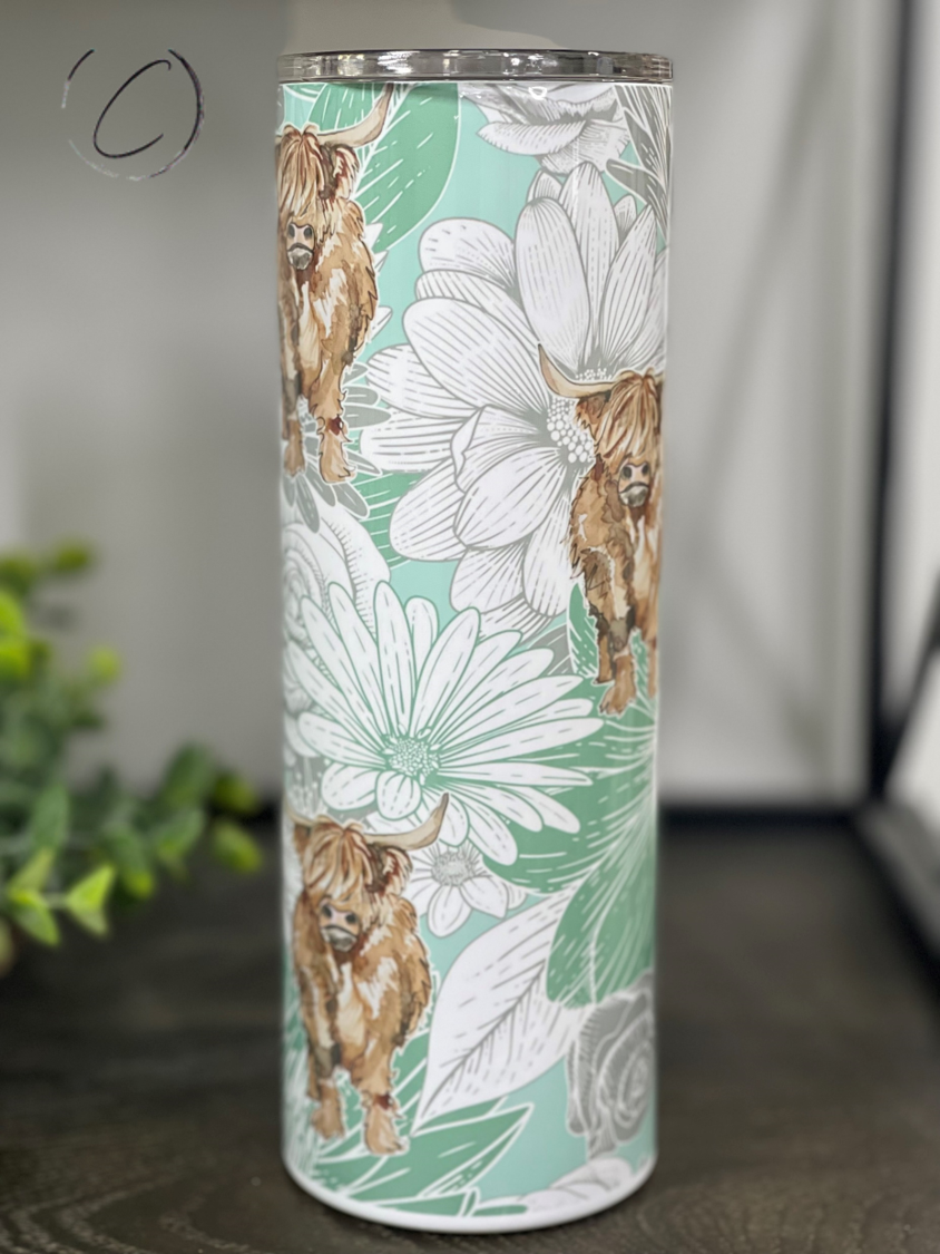 Teal Floral Highland Cow 20oz Skinny Tumbler