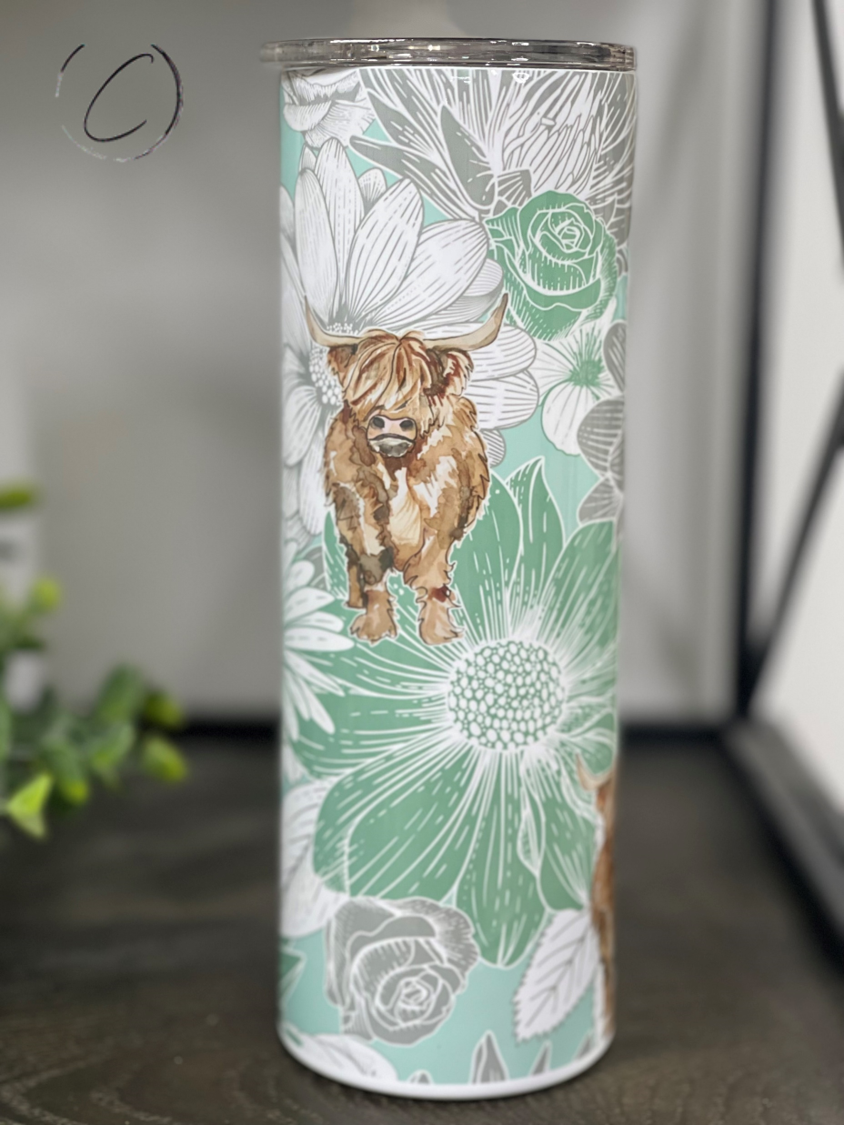 Teal Floral Highland Cow 20oz Skinny Tumbler