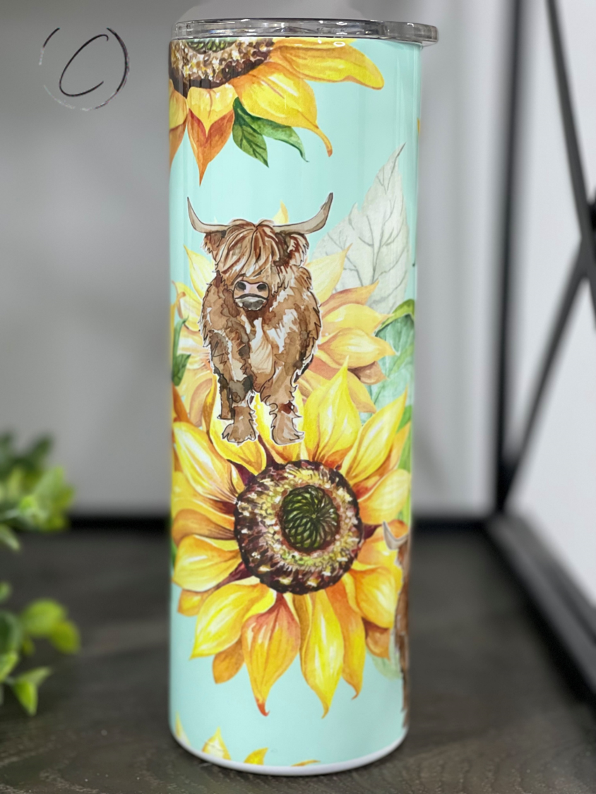 Teal Sunflower Highland Cow 20oz Skinny Tumbler