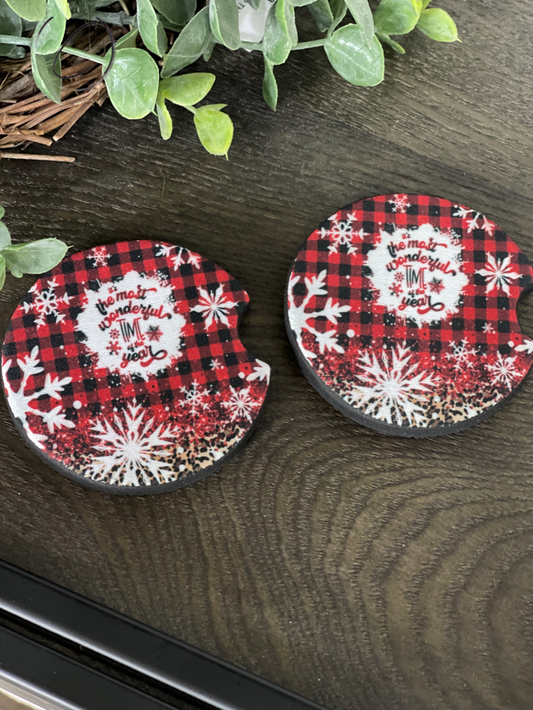 Most Wonderful Time Leopard & Plaid Neoprene Car Coaster Set