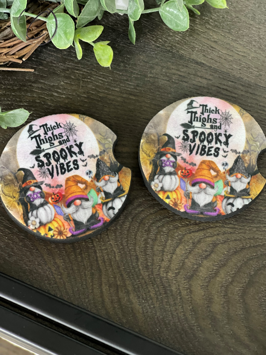 Thick Thighs & Spooky Vibes Neoprene Car Coaster Set