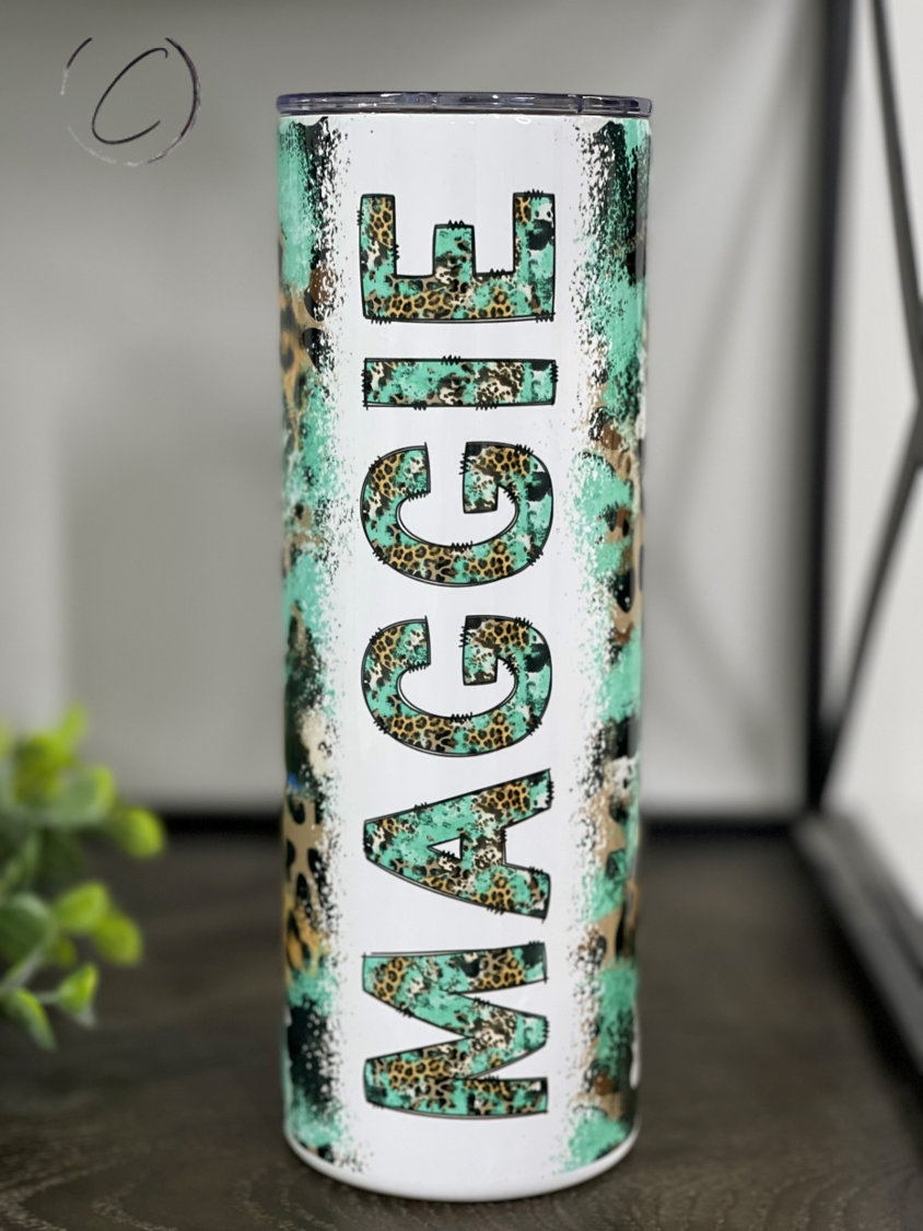 Turquoise Leopard Custom Name 20oz Skinny Tumbler