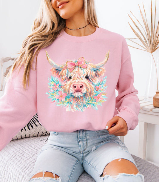 Watercolor Spring Highland Cow Sweatshirt