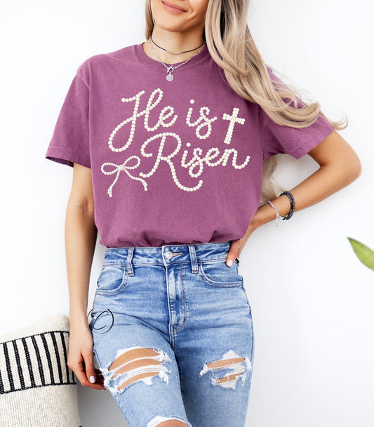 Faux Pearl He Is Risen Graphic Tee