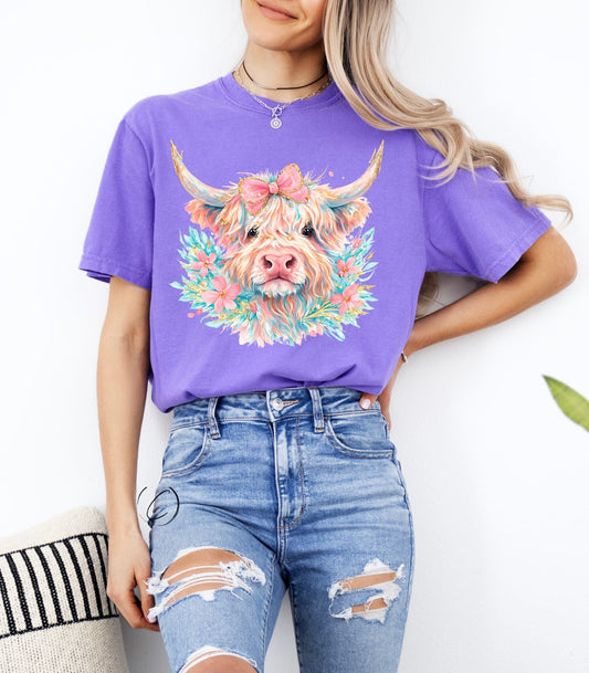 Watercolor Spring Highland Cow Graphic Tee