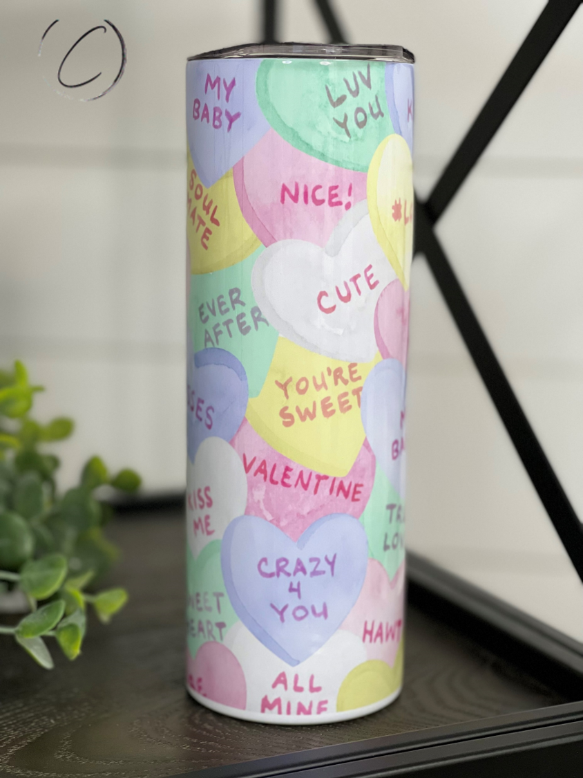 Water Color Conversation Hearts 20oz Skinny Tumbler