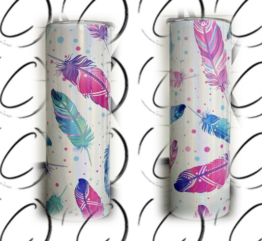 Water Color Feathers 20oz Shimmer Skinny Tumbler