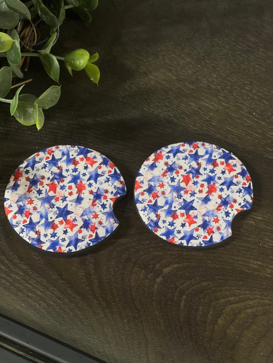 Watercolor Patriotic Stars Car Coaster Set