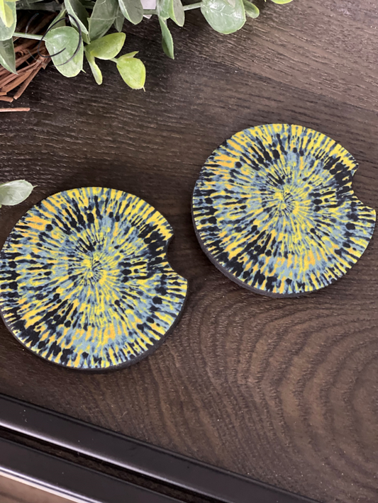 Yellow & Blue Tie Dye Neoprene Car Coaster Set