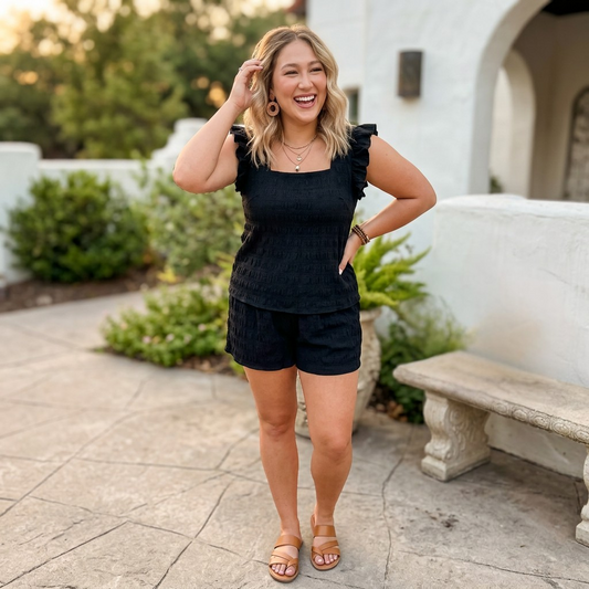 Textured Square Neck Top and Shirred High Waist Shorts Set