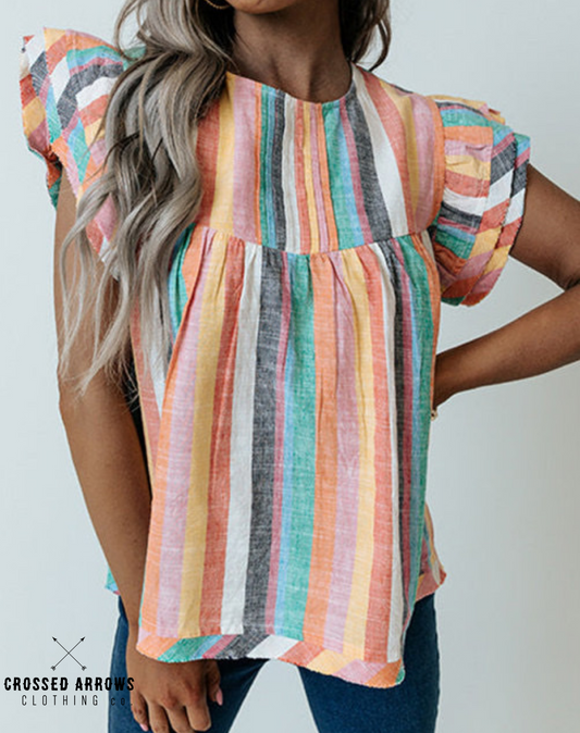 Striped ruffle sleeve top