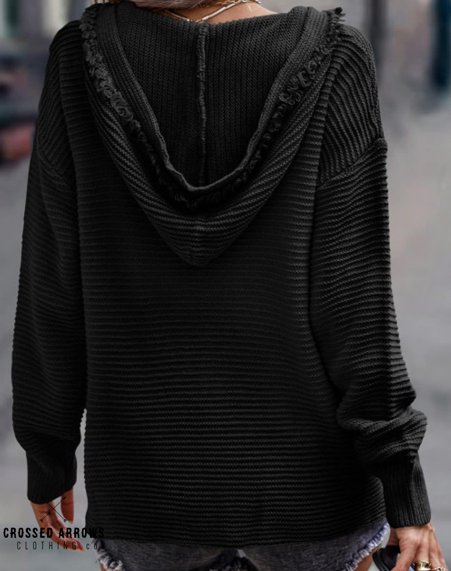 Black hooded sweater